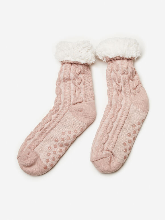 Fluffy Lining Aran Knit Socks, Pink, large