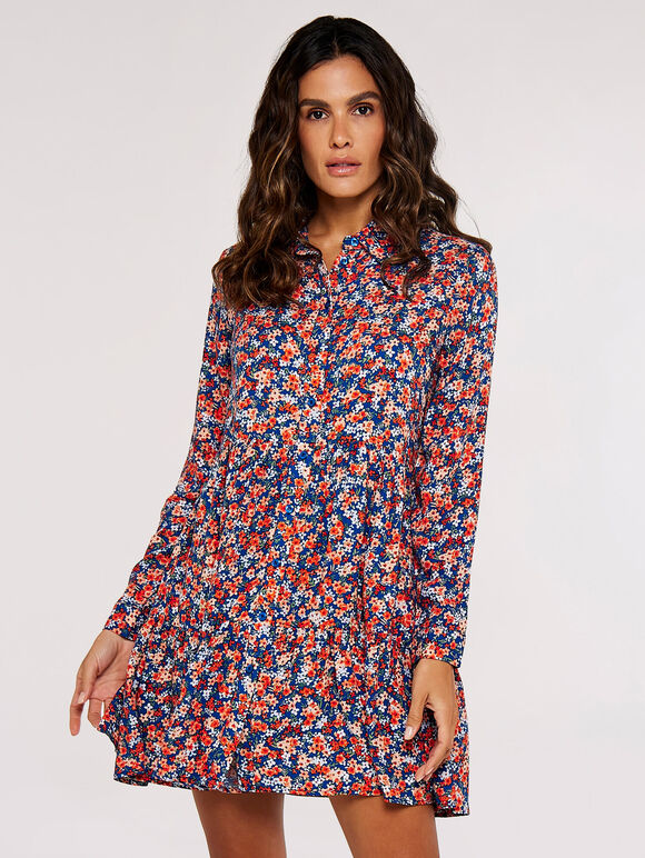 Ditsy Shirt Mini  Dress, Blue, large