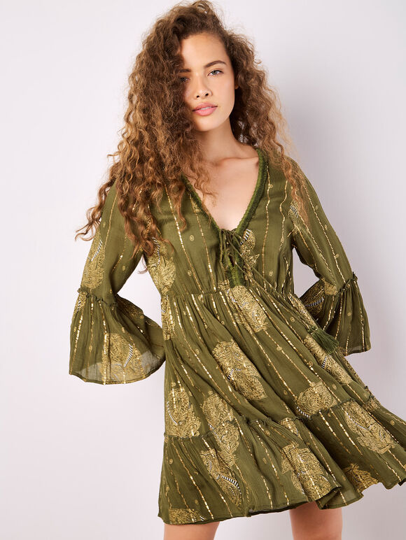 Paisley Shimmer Mini Dress, Khaki, large
