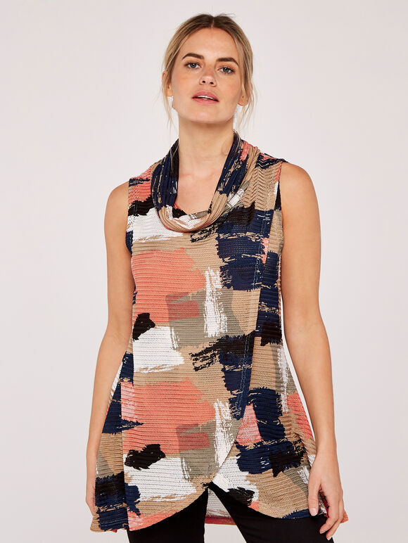 Paintsplash Cowl Neck Mesh Top, Coral, large