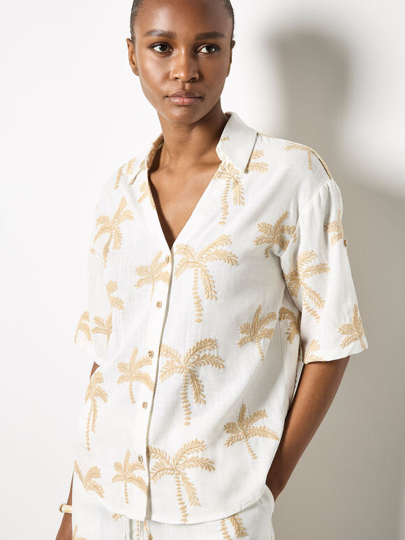 Embroidered Palm Trees Shirt, Cream, large