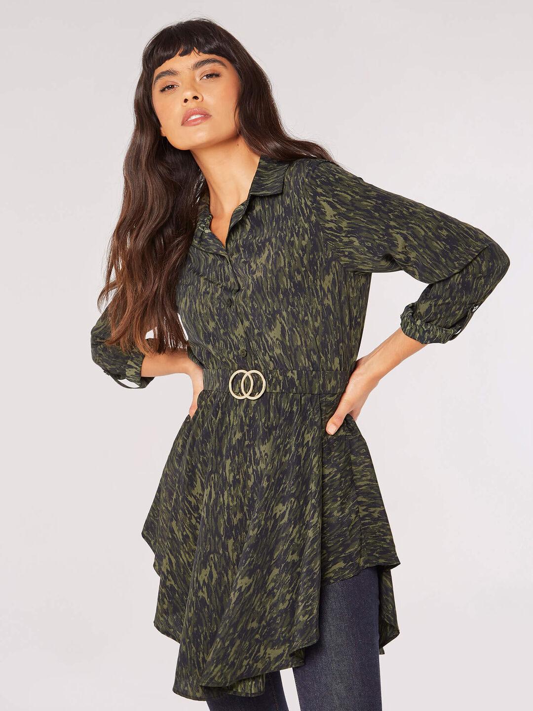 Image of Textured Print Hanky Hem Belted Top