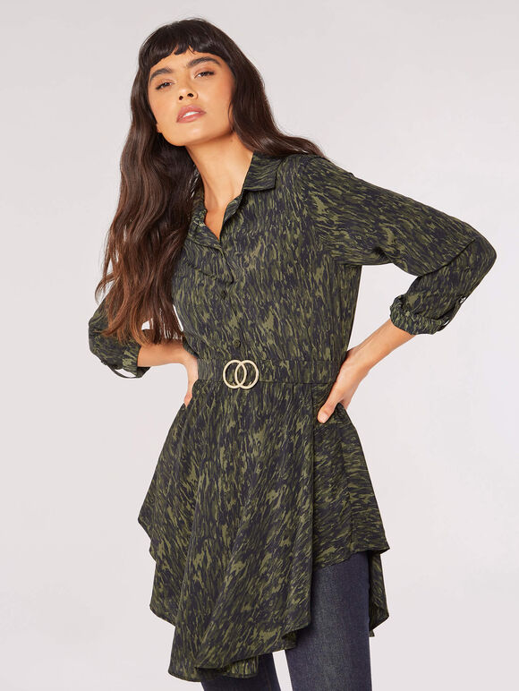 Textured Print Hanky Hem Belted Top, Green, large