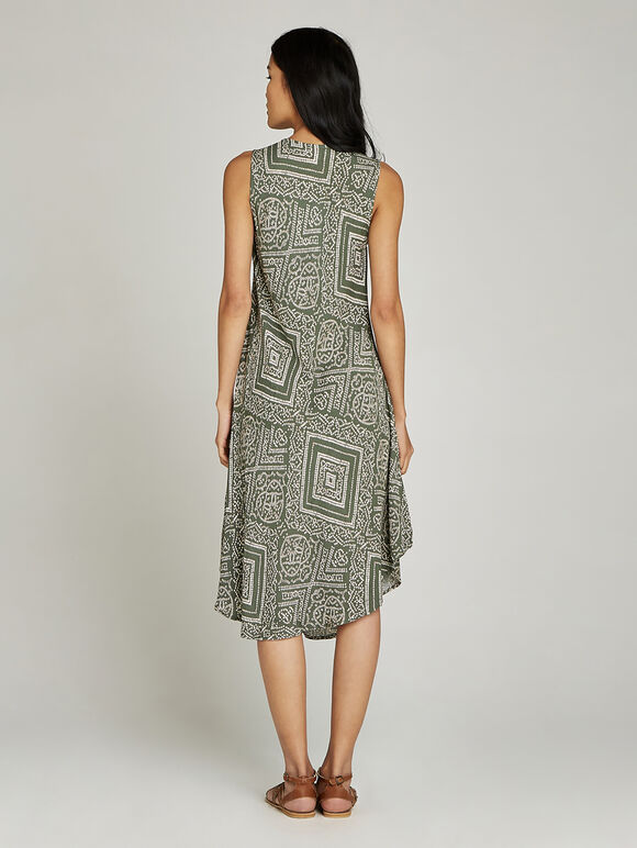 Khaki Dotted Tribal Print Midi Dress, Khaki, large