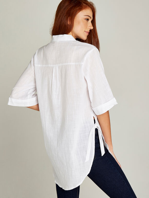 Cream Tie Detail Slub Shirt, Cream, large
