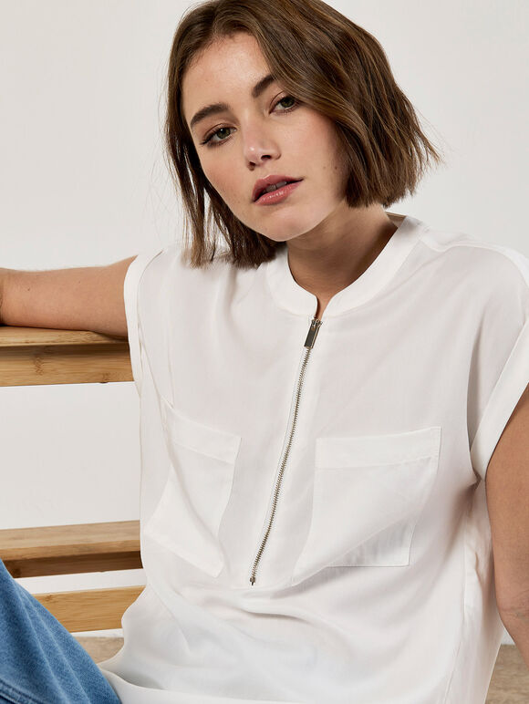 Zip Front Patch Pocket Top, Cream, large