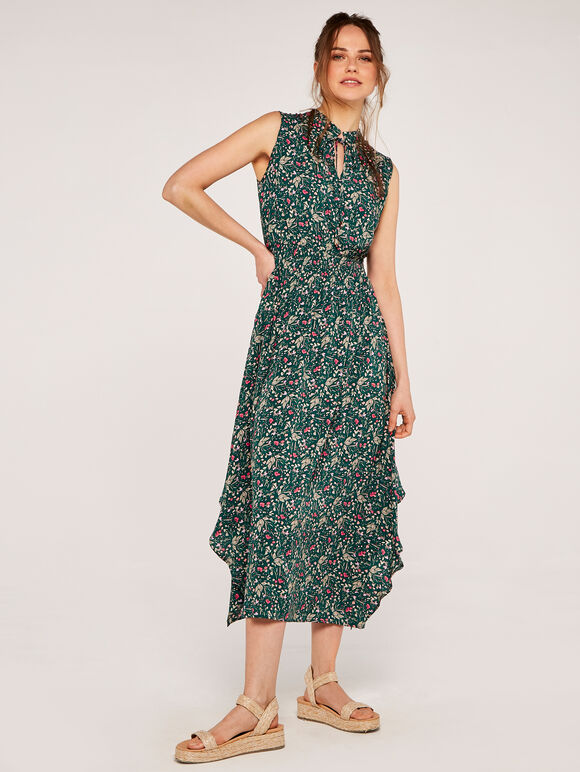 Floral Hanky Hem Midi Dress, Green, large