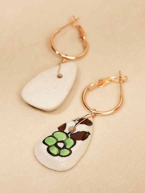 Hand Painted Ceramic Hoop Earrings, White, large
