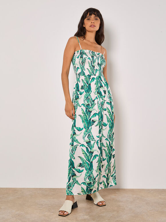 Tropical Leaf Satin Maxi Dress, Stone, large