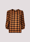 Gingham Check Balloon Sleeve Blouse, Brown, large