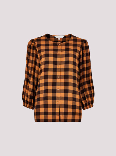 Gingham Check Balloon Sleeve Blouse