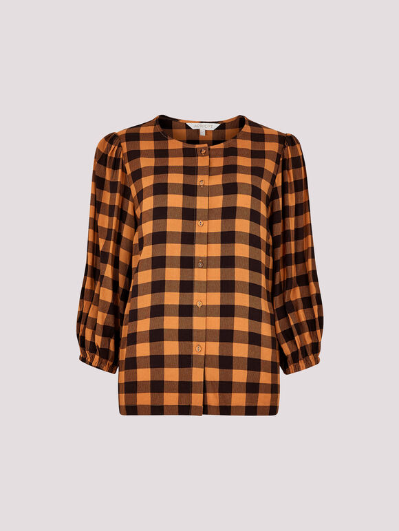 Gingham Check Balloon Sleeve Blouse, Brown, large