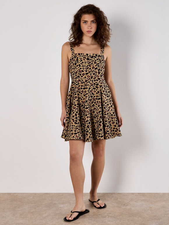 Animal Print Skater Mini Dress, Stone, large