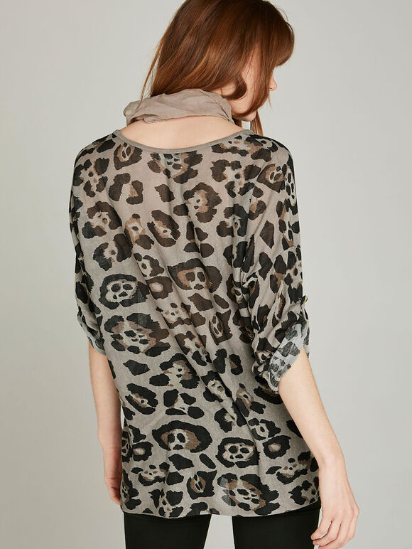 Stone Bold Leopard Sequin Hem Scarf Top, Stone - Beige, large