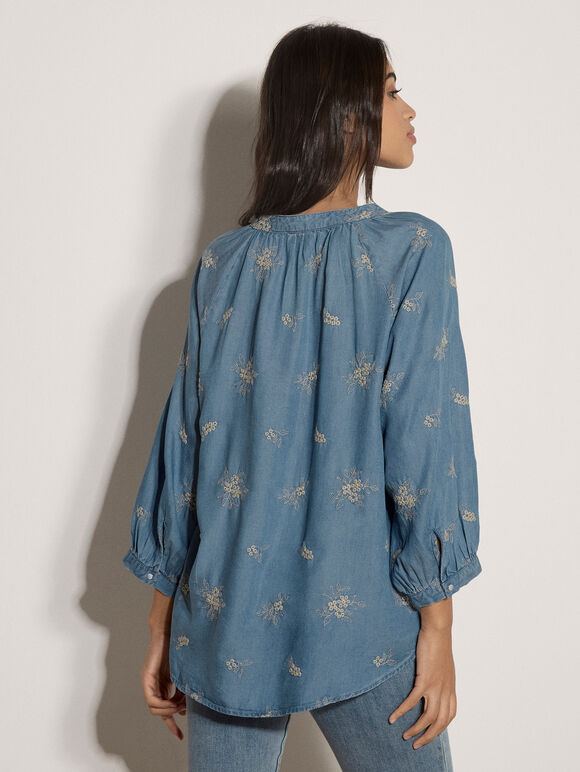 Floral Embroidered Denim Blouse, Blue, large