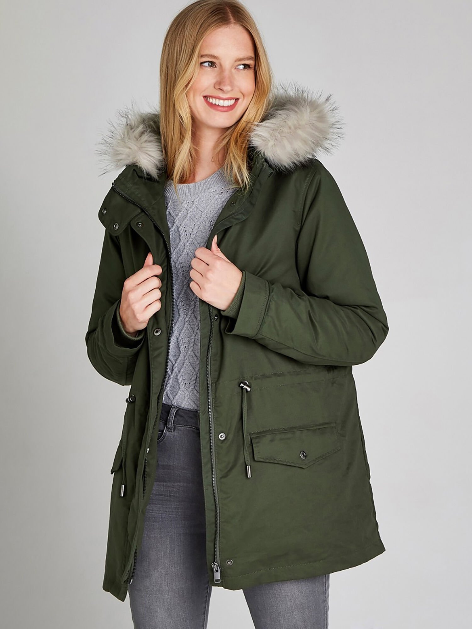 Khaki coat online fur hood