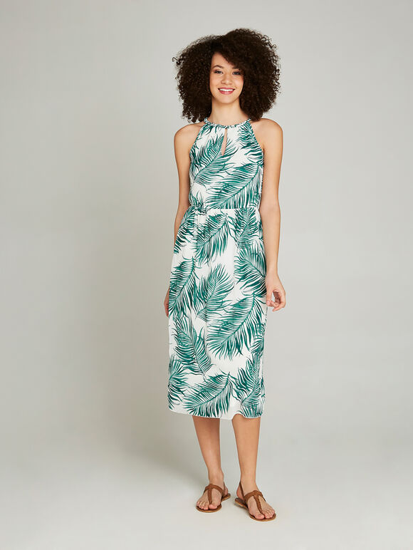 Braided Neck Palm Leaf Midi Dress, Cream, large