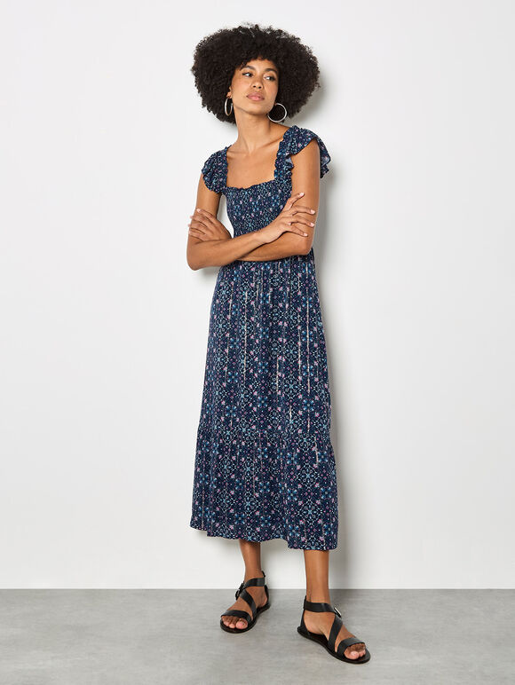 Folk Floral Metallic Midi Dress, Navy, large