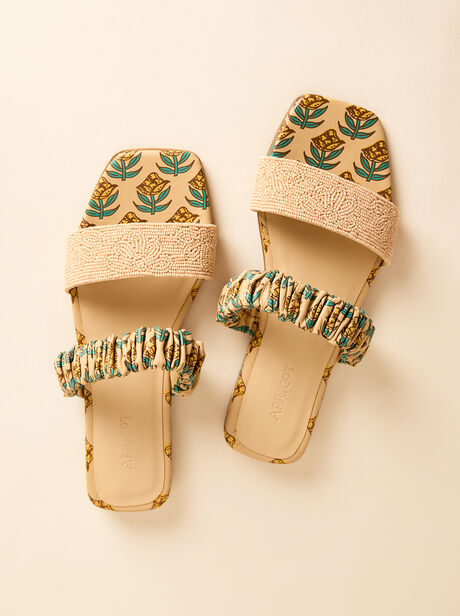 Floral Print Beaded Leather Sandals