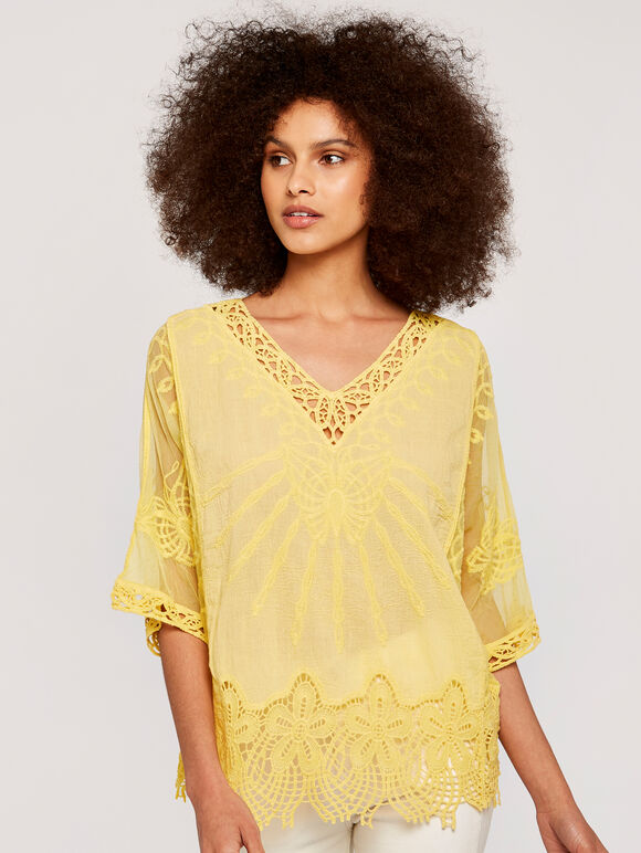 Crochet V Neck Top, Yellow, large