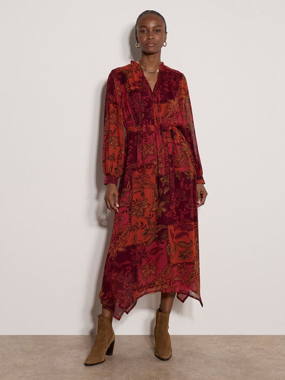 Patchwork Paisley Chiffon Maxi Dress, Burgundy, large