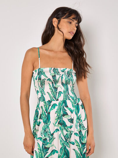Tropical Leaf Satin Maxi Dress