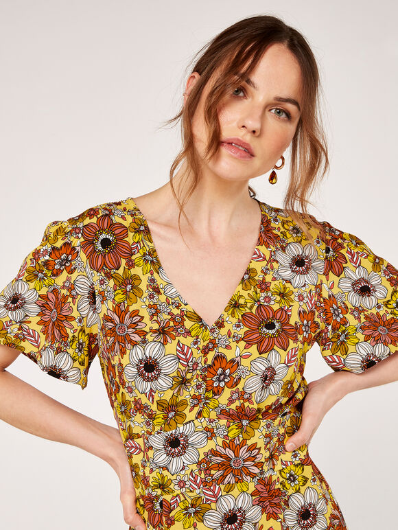 Floral Angel Sleeve Dress, Yellow, large