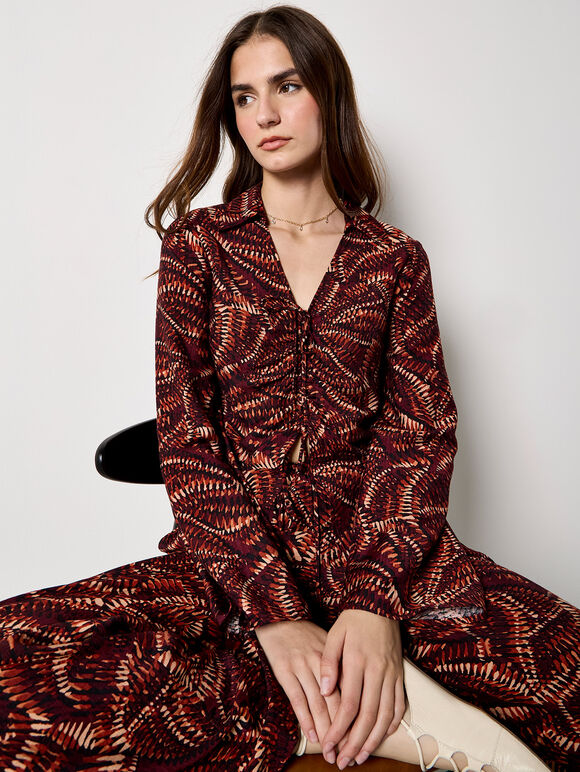Abstract Print Ruched Front Blouse, Burgundy, large