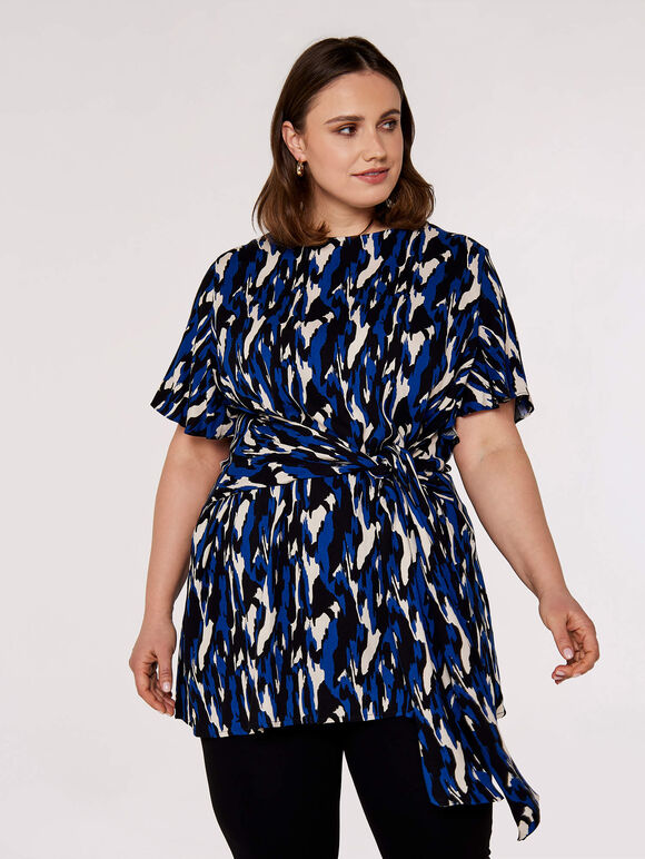 Curve Brushstroke Tie Waist Top, Blue, large