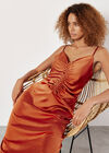 Ruched Satin A-Line Midi Dress, Orange, large