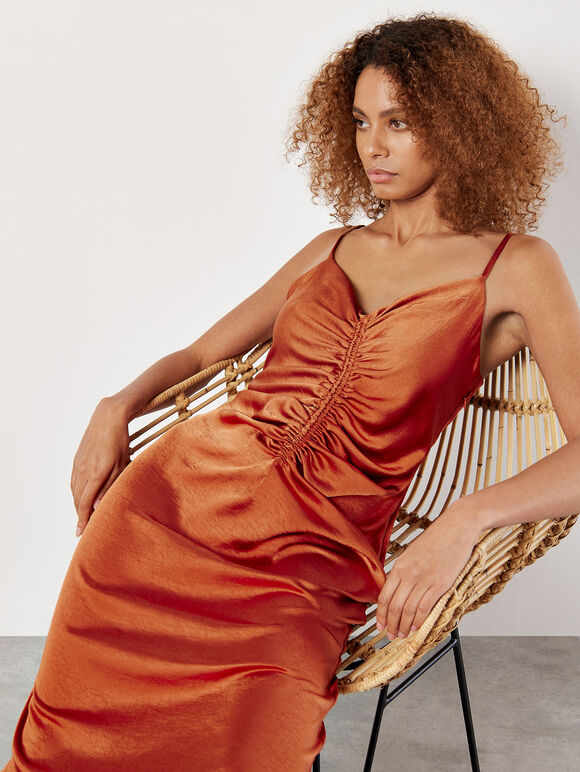Ruched Satin A-Line Midi Dress, Orange, large