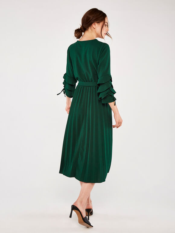 Pleat Ruffle Sleeve Midi Dress, Green, large
