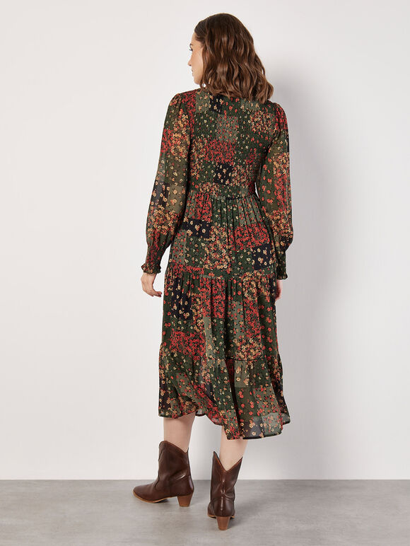 Patchwork Chiffon Midi Dress, Green, large