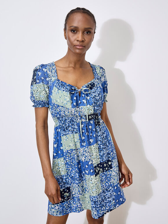 Ditsy Patchwork Milkmaid Mini Dress, Blue, large