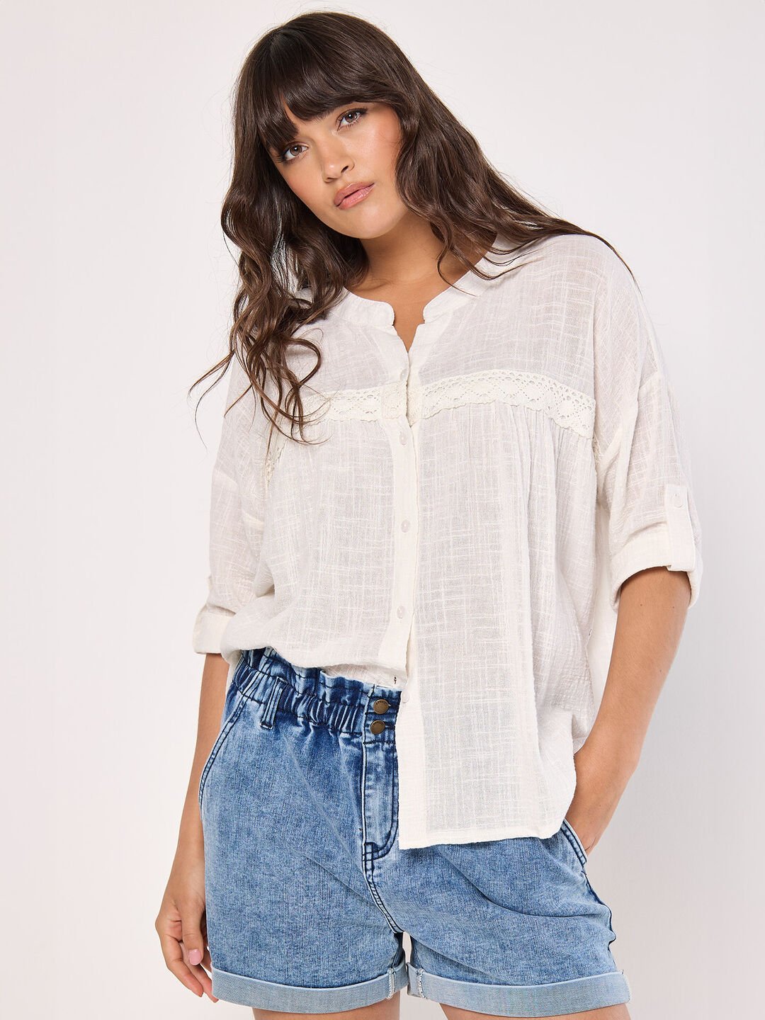 Image of Lace Detail Cotton Blouse