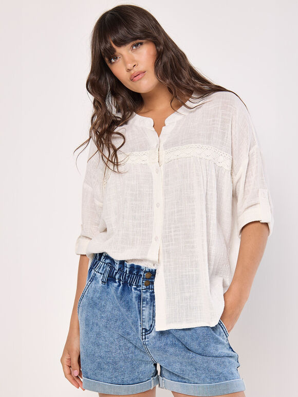 Lace Detail Cotton Blouse, Cream, large