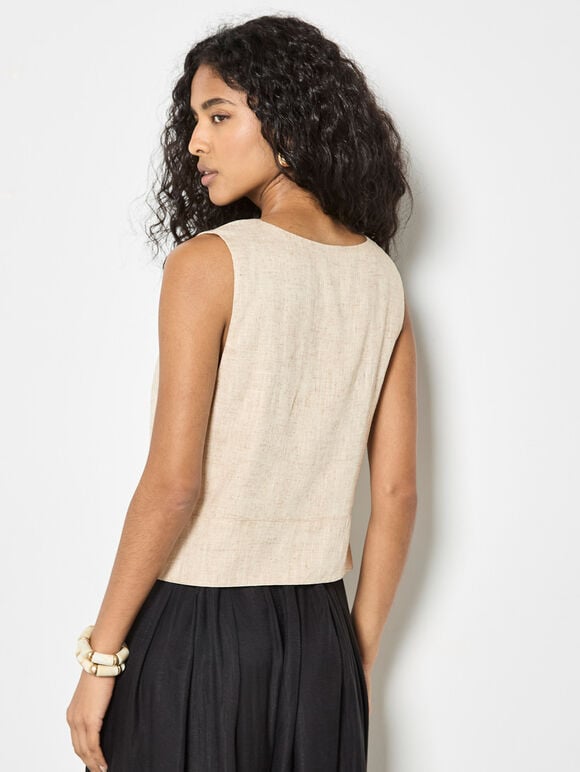 Tie Front Linen Blend Waistcoat, Stone, large