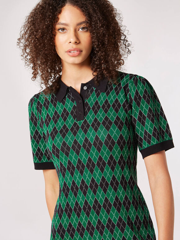 Knitted Argyle Mini Dress, Green, large