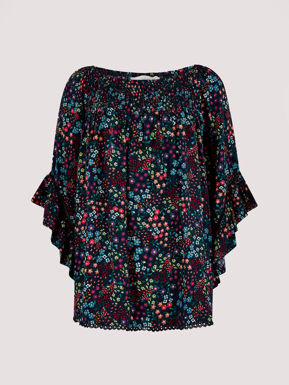 Ditsy Spray Bardot Top, Navy, large