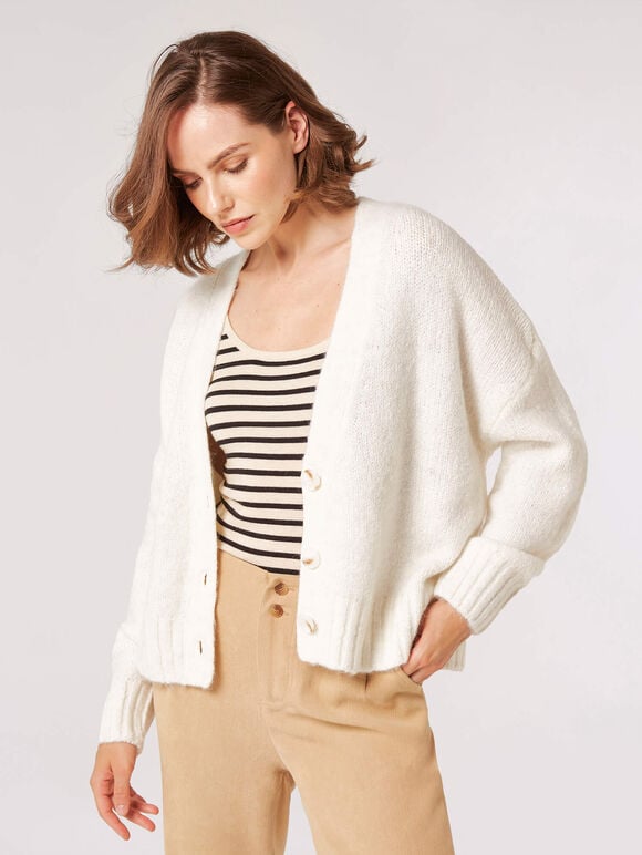 Fisherman Knit Cropped Cardigan, White, large