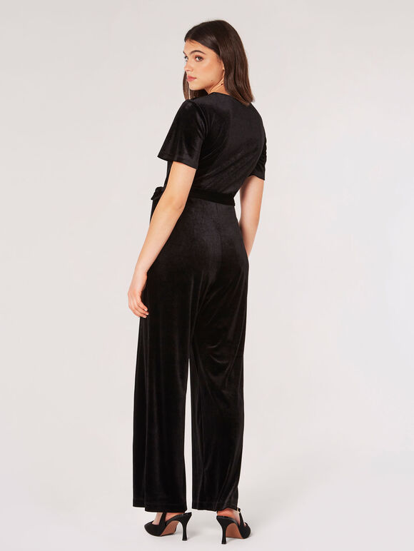 Velvet Wrap Culotte Jumpsuit, Black, large