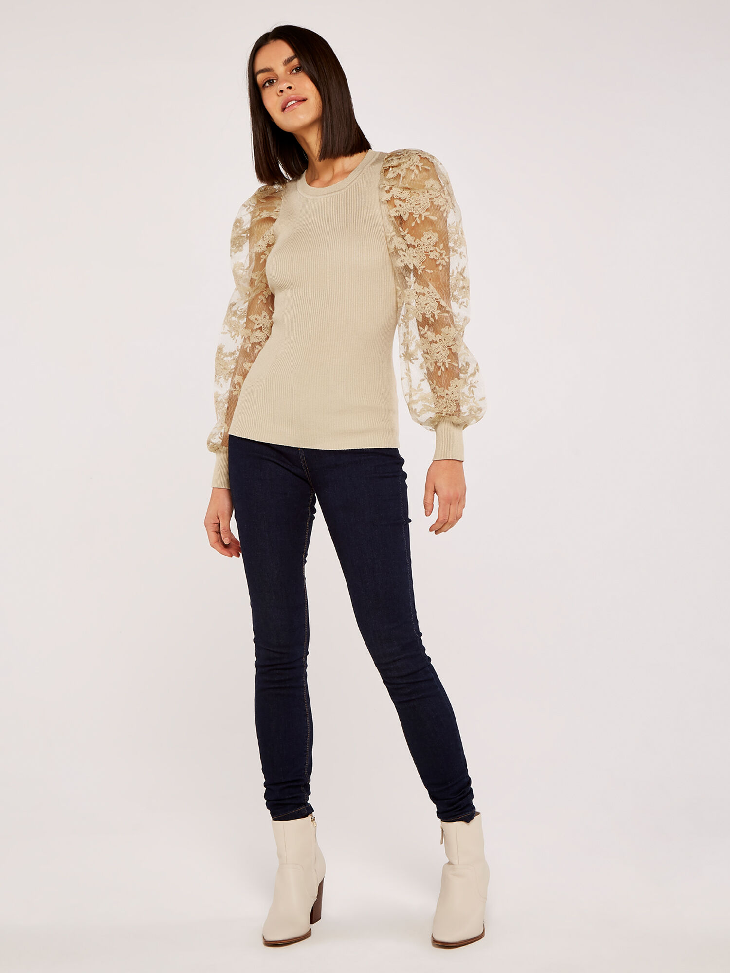 Organza Sleeve Ribbed Jumper Apricot Clothing