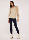 Organza Sleeve Ribbed Jumper, Stone, large