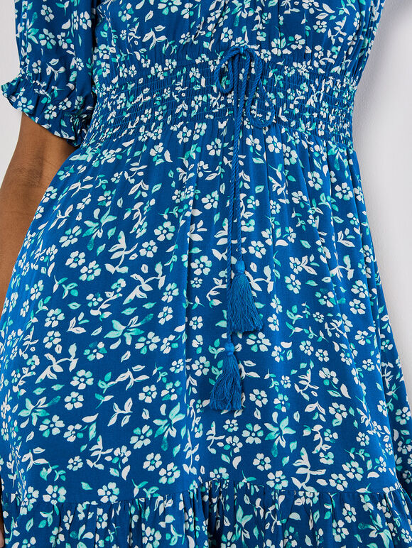 Sarasa Floral Bardot Mini Dress, Blue, large