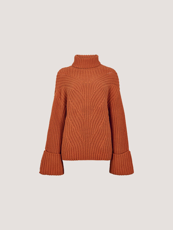 Chunky Knit Roll Neck Jumper, Orange, large