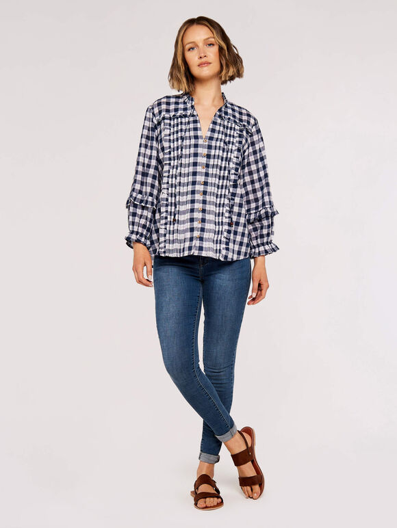 Tie-Frill Checked Shirt, Blue, large