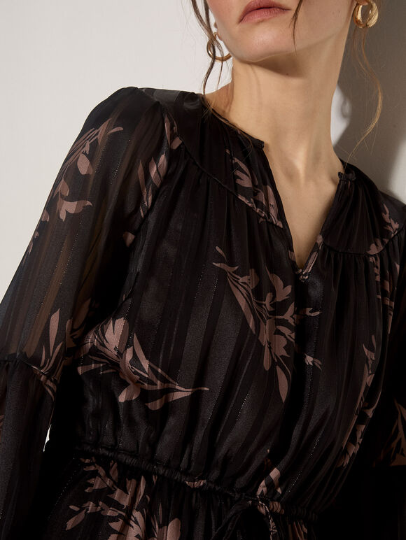 Metallic Shimmer Floral Silhouette Midi Dress, Black, large