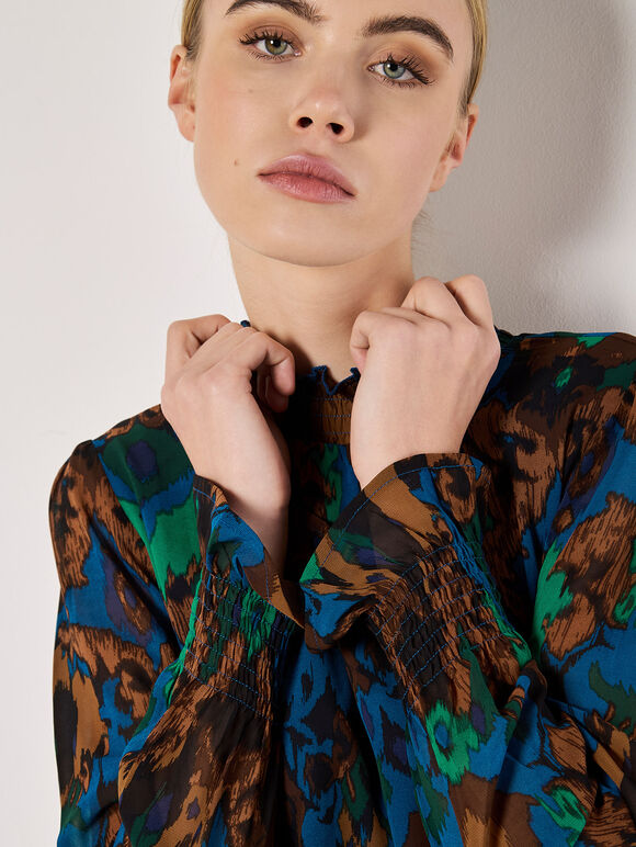 Ikat Print Chiffon Blouse, Teal, large