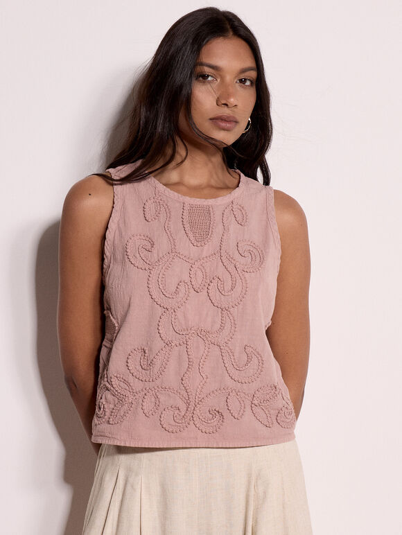 Embroidered Cotton Shell Top, Pink, large
