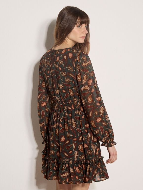 Chiffon Ruffle Paisley Mini Dress, Green, large